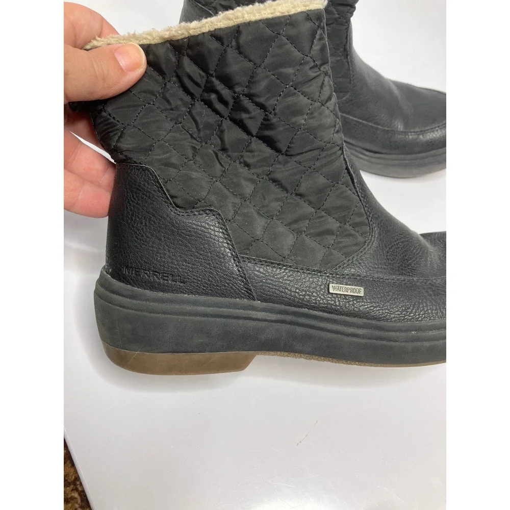Merrell Waterproof Boots Women Size 9 Black Good Quilted Faux Fur Lining J81290